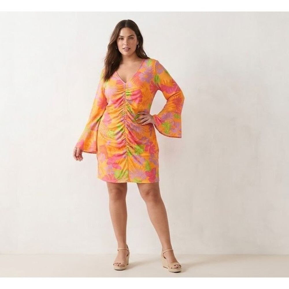 Almost Famous Swim Cover Dress Women's Plus 2X Tropical V-Neck Bell Sleeve
